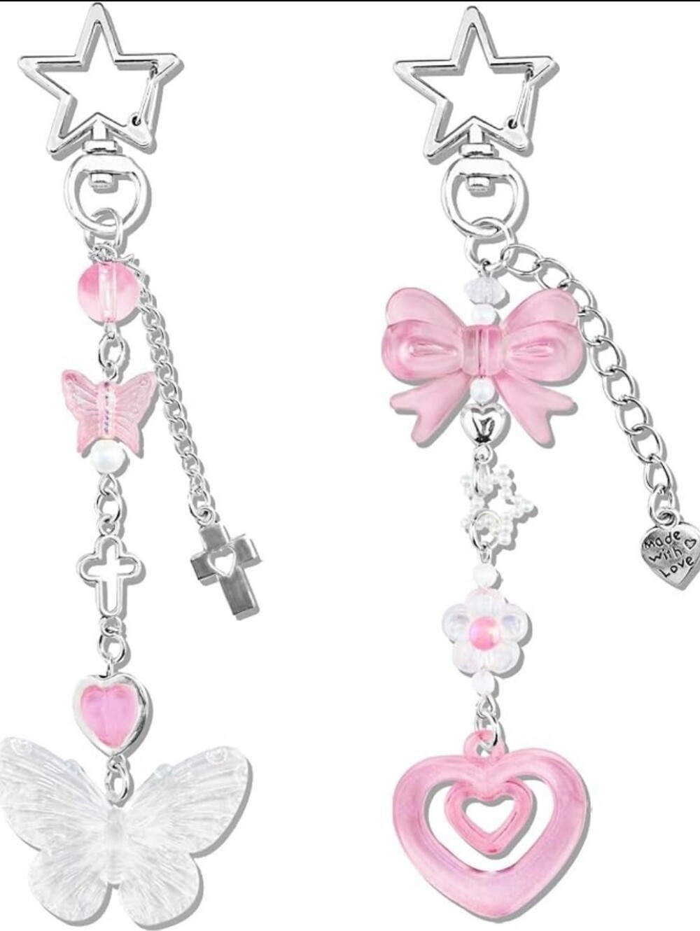 Pink Coquette Y2K Keychain Set Butterfly Heart Bow Bag Charm 2pc
